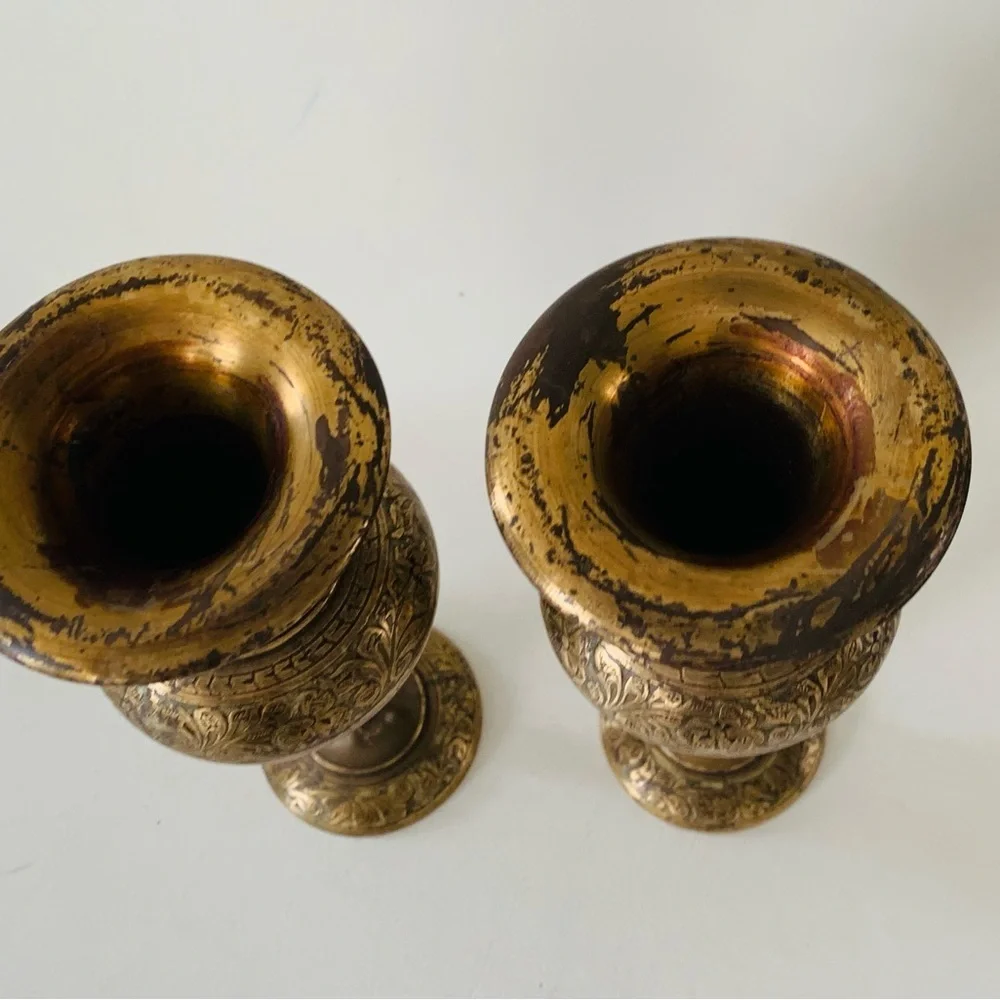 Vintage Indian Etched Florals Brass Fluted Vases Set Of 2 (7”)